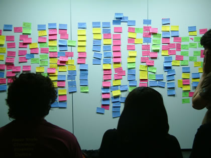 Post Its on a wall during a brainstorming session.