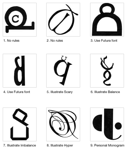 A variety of illustrations using the initials of our first and last names, rendered in pen and ink using existing fonts.