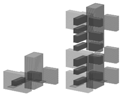 Diagrams illustrating occupancy and vacancy of different apartments over time. The apartment outlines are projected upwards during times of occupancy, depicting an interplay between ownership and rental patterns.